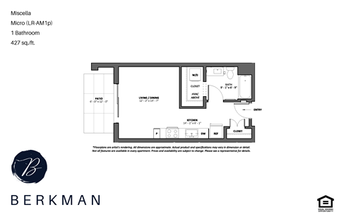 Floor plan for studio, 1 bath, 427 sqft